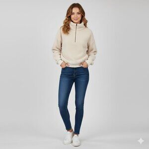 Michael Stars Womens Cream Sherpa Pullover Sweater Ribbed Hem 1/4 Zip Outdoor
